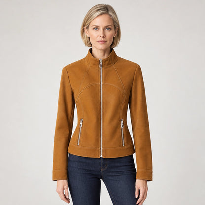 Belvara Sheepskin Leather Jacket — Tan (apparel front)