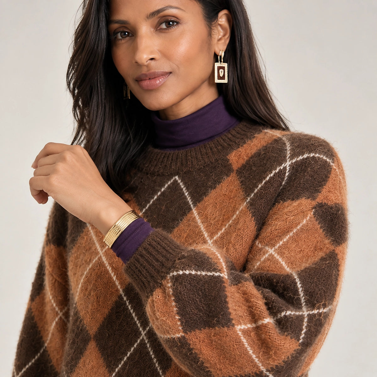 Halwyn Argyle Knit Sweater — Tan Argyle (apparel detail)