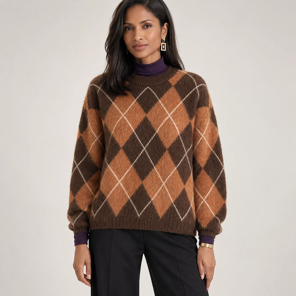 Halwyn Argyle Knit Sweater — Tan Argyle (apparel front)
