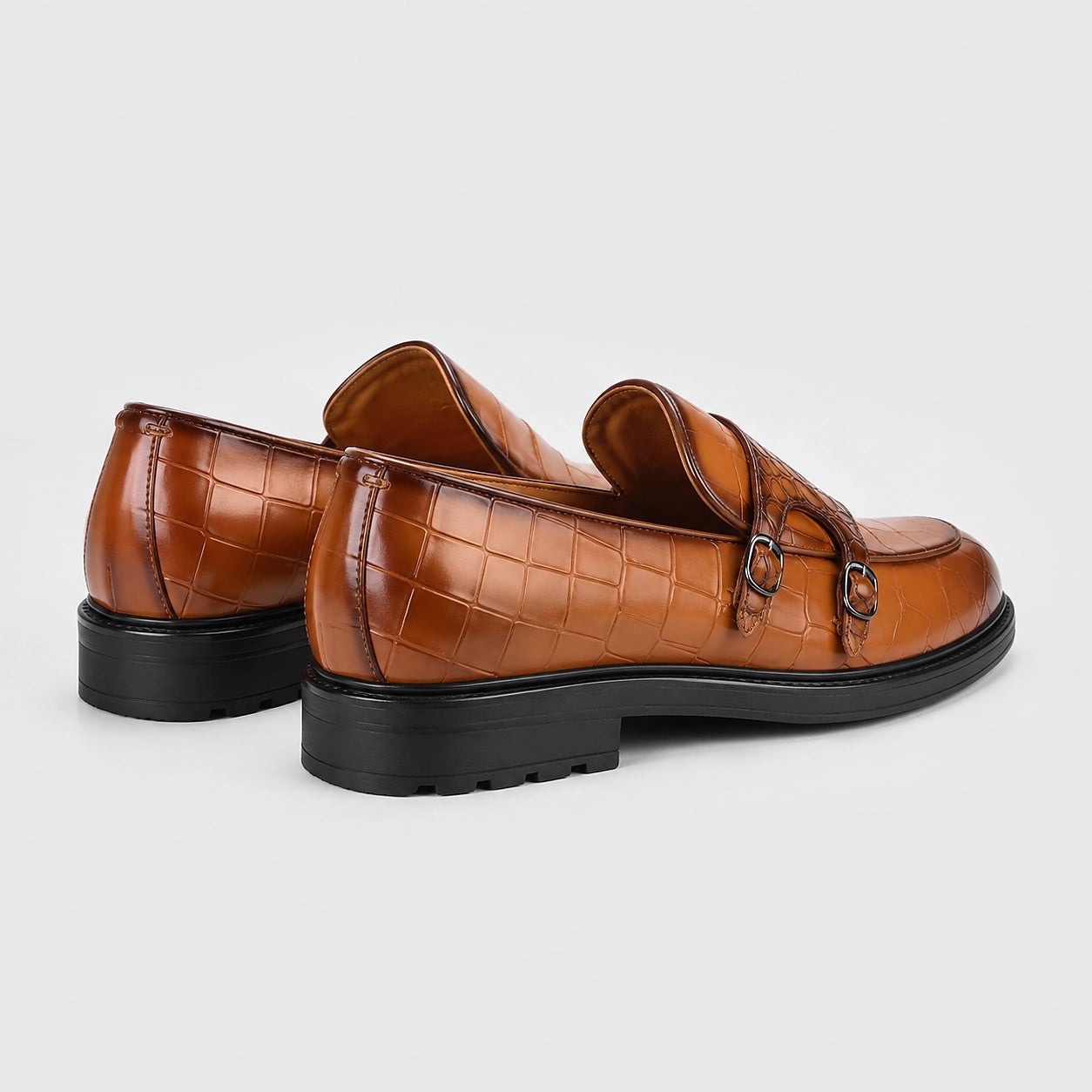 Delvano Leather Double Monk Loafers — Tan Crocodile (mens shoe angle)