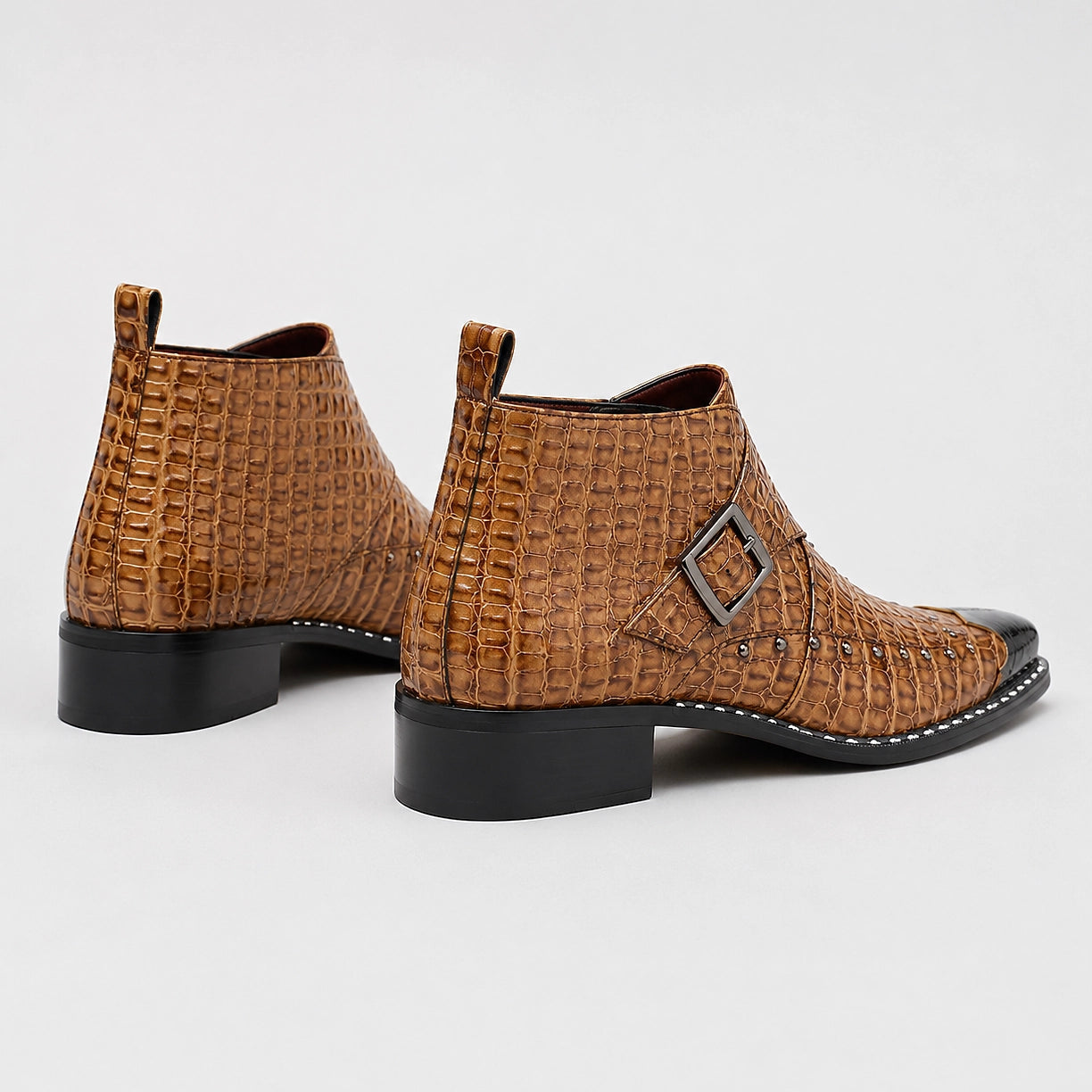 Dravek Leather Monk Strap Boots — Tan Crocodile (mens shoe angle)