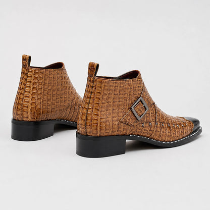 Dravek Leather Monk Strap Boots — Tan Crocodile (mens shoe angle)
