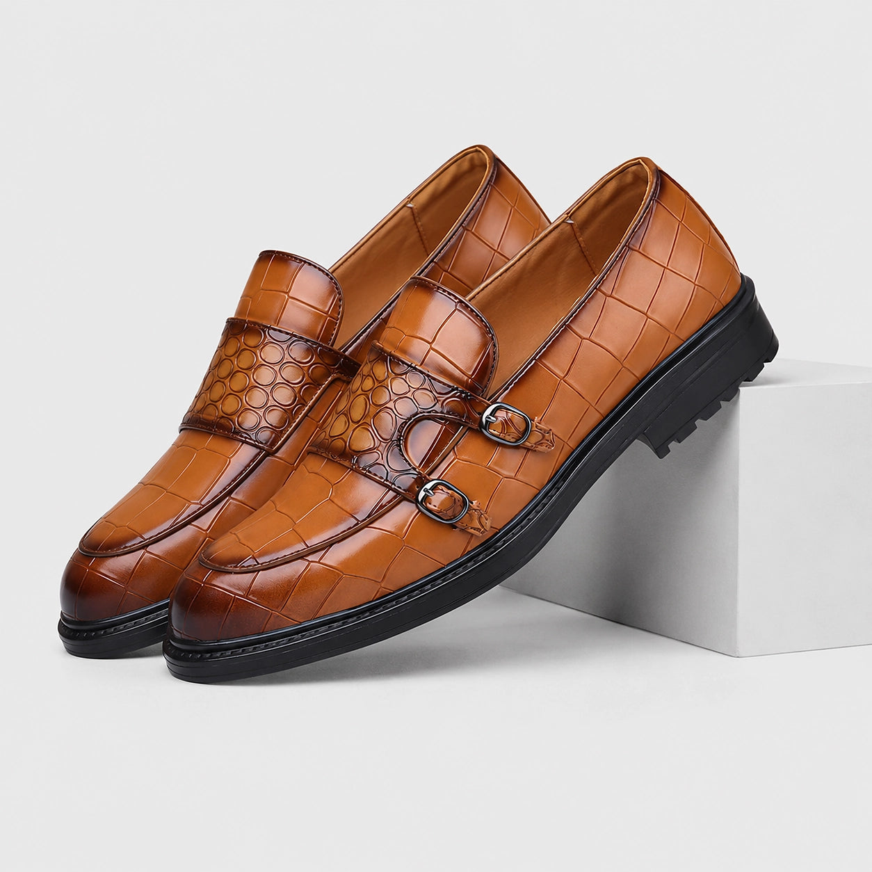 Delvano Leather Double Monk Loafers — Tan Crocodile (mens shoe pedestal)