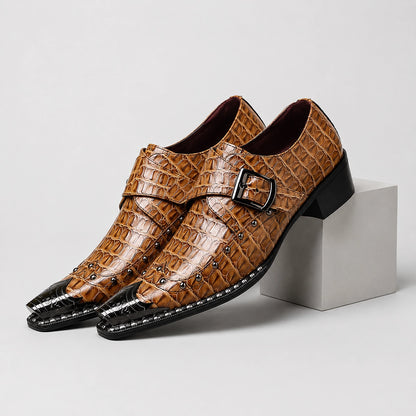 Draven Leather Monk Strap Loafers — Tan Crocodile (mens shoe pedestal)