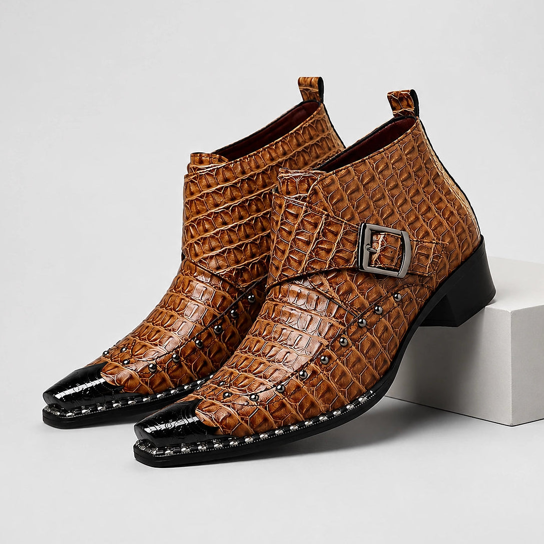 Dravek Leather Monk Strap Boots — Tan Crocodile (mens shoe pedestal)