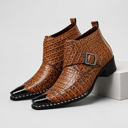 Dravek Leather Monk Strap Boots — Tan Crocodile (mens shoe pedestal)