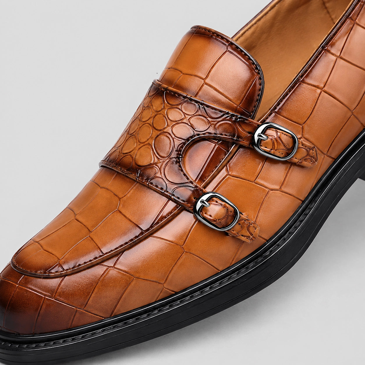 Delvano Leather Double Monk Loafers — Tan Crocodile (mens shoe zoom)