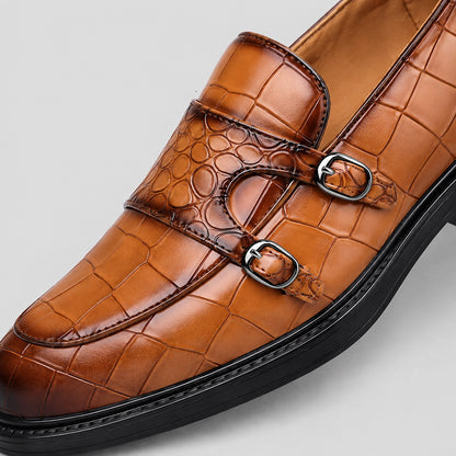 Delvano Leather Double Monk Loafers — Tan Crocodile (mens shoe zoom)