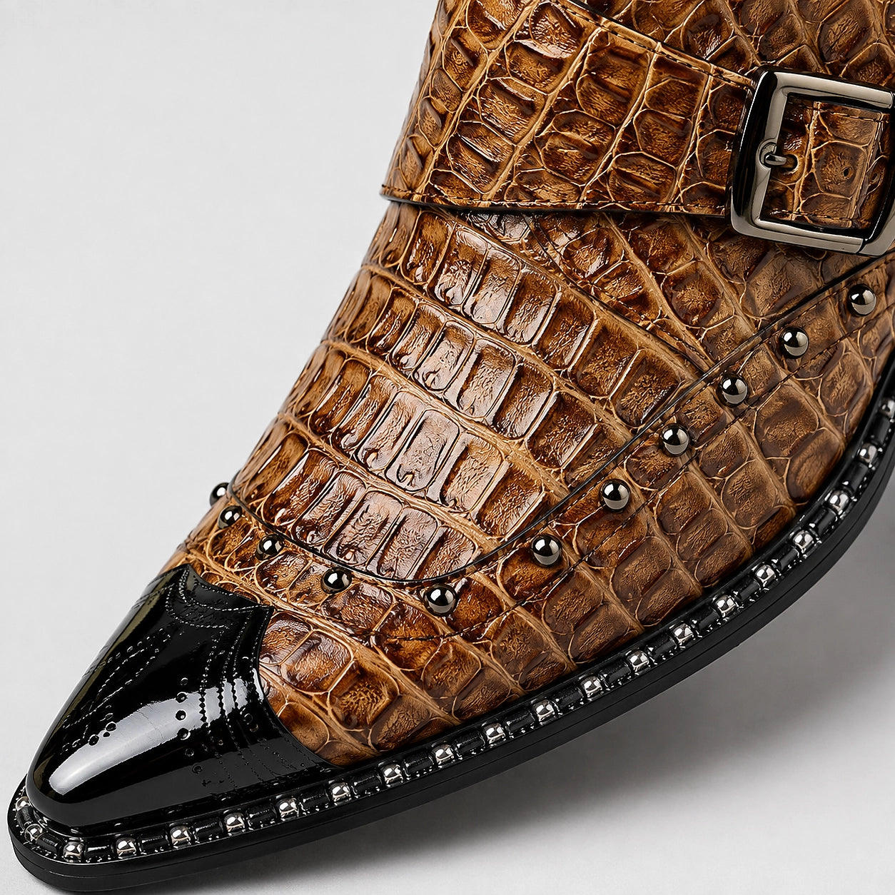 Dravek Leather Monk Strap Boots — Tan Crocodile (mens shoe zoom)