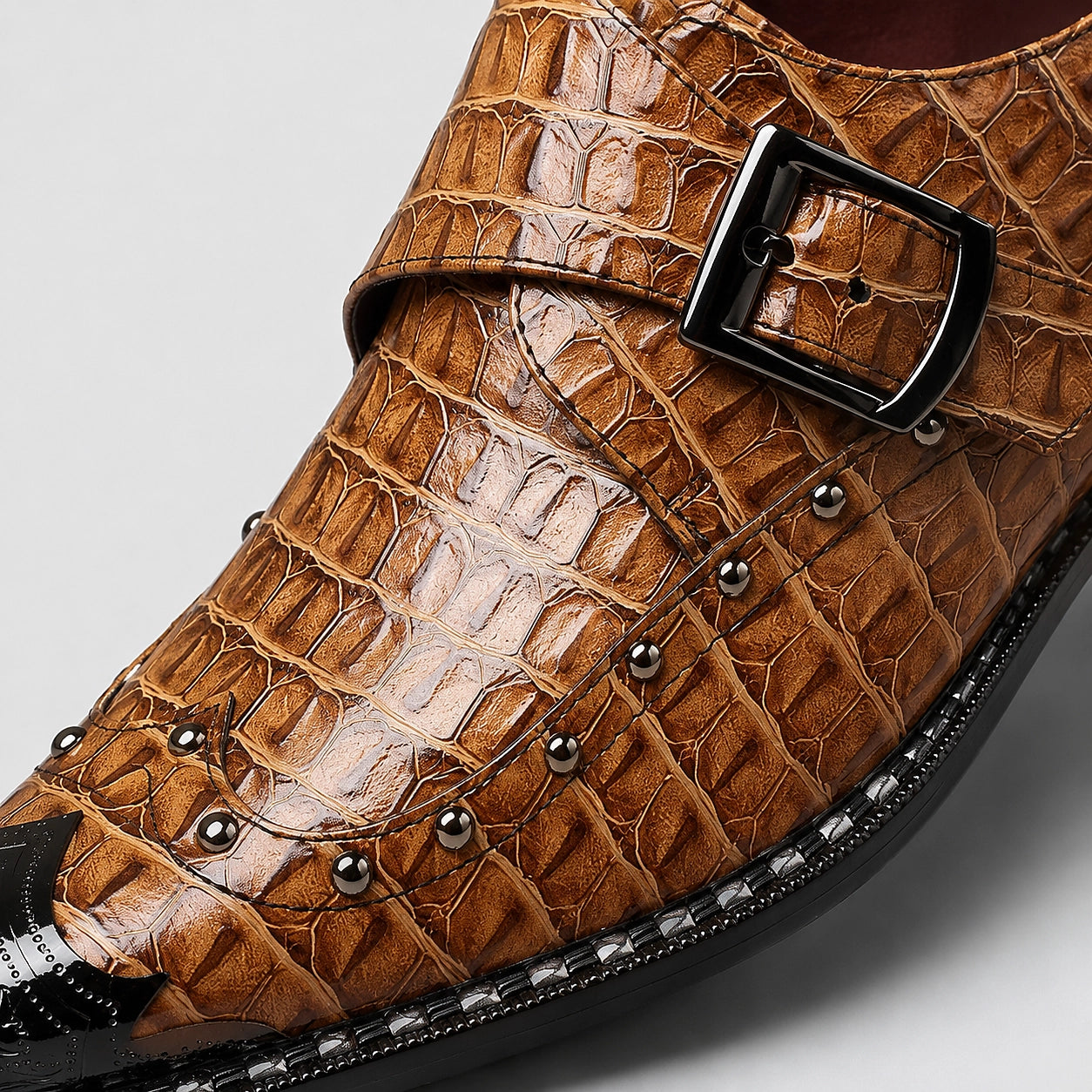 Draven Leather Monk Strap Loafers — Tan Crocodile (mens shoe zoom)