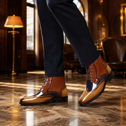 Halloran Leather Brogue Ankle Boots — Tan & Navy & White (footwear environment 1)