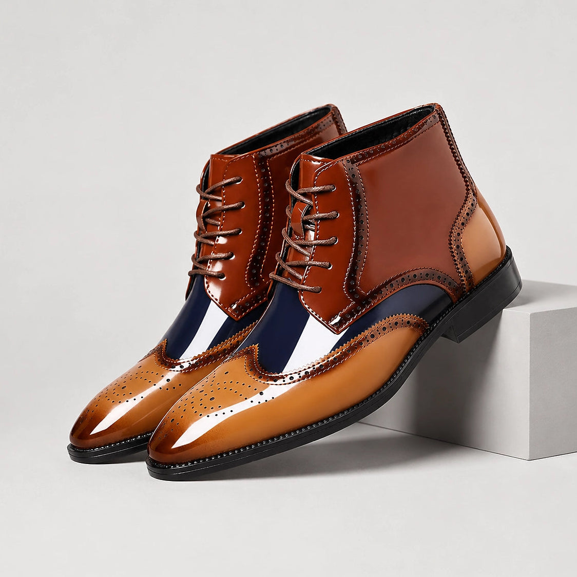 Halloran Leather Brogue Ankle Boots — Tan & Navy & White (mens shoe pedestal)