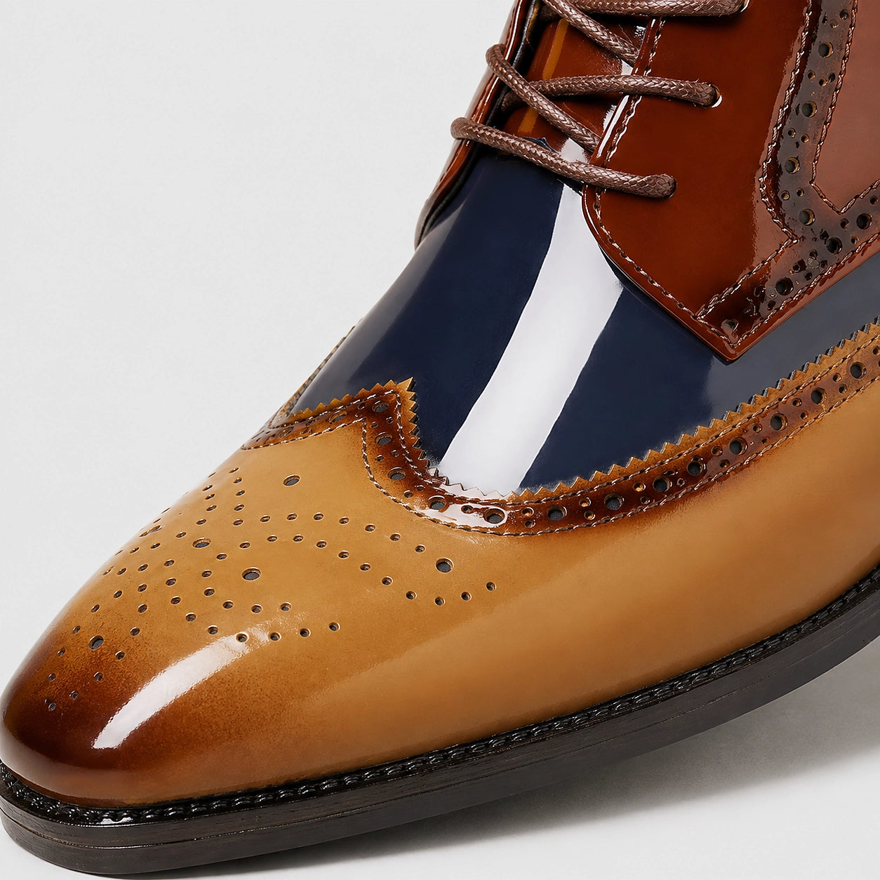 Halloran Leather Brogue Ankle Boots — Tan & Navy & White (mens shoe zoom)