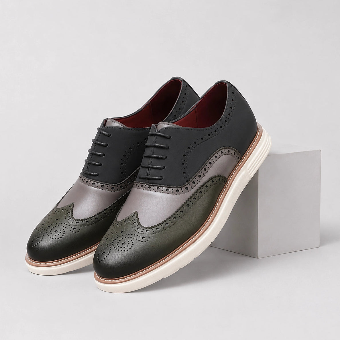 Delvoro Leather Wingtip Oxford — Tan & Orange (mens shoe pedestal)