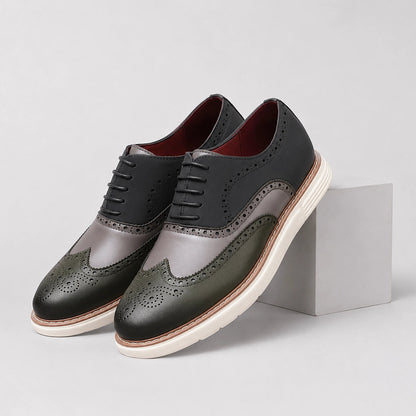 Delvoro Leather Wingtip Oxford — Tan & Orange (mens shoe pedestal)