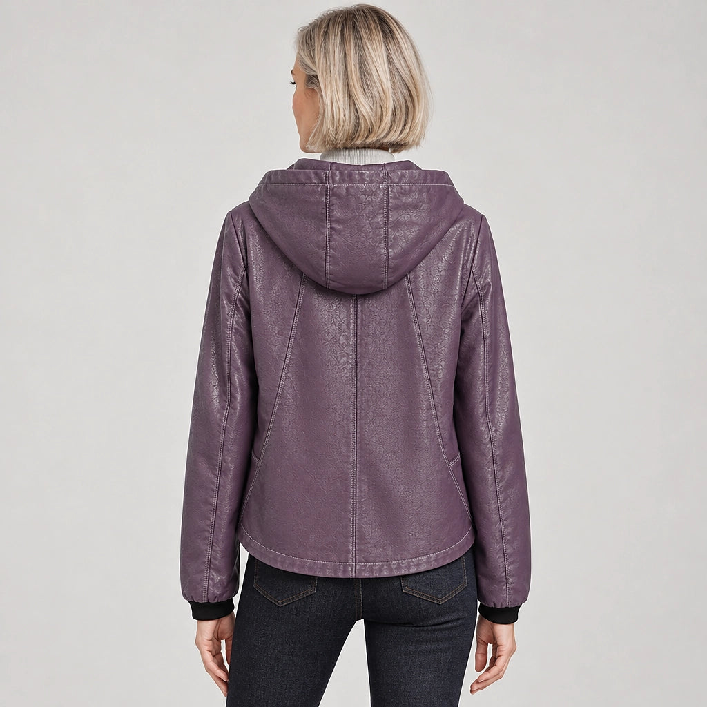 Brynn Leather Hooded Jacket — Taro Purple (apparel back)