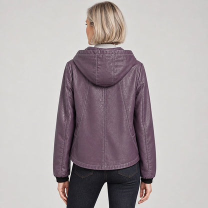Brynn Leather Hooded Jacket — Taro Purple (apparel back)