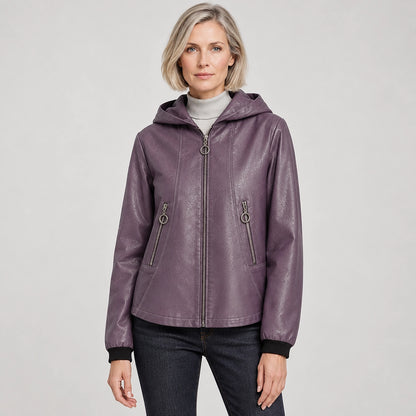 Brynn Leather Hooded Jacket — Taro Purple (apparel front)