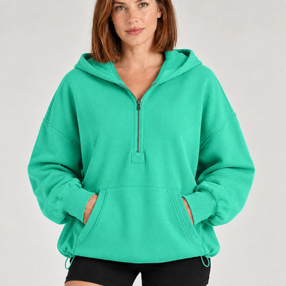 Brelyn Oversized Half-Zip Hoodie — Turquoise (apparel detail)