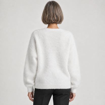 Halvern Fuzzy Knit Cardigan — White (apparel back)