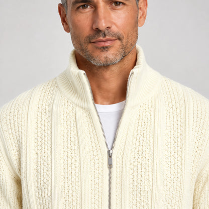 Daxton Ribbed Knit Cardigan — White (apparel detail)