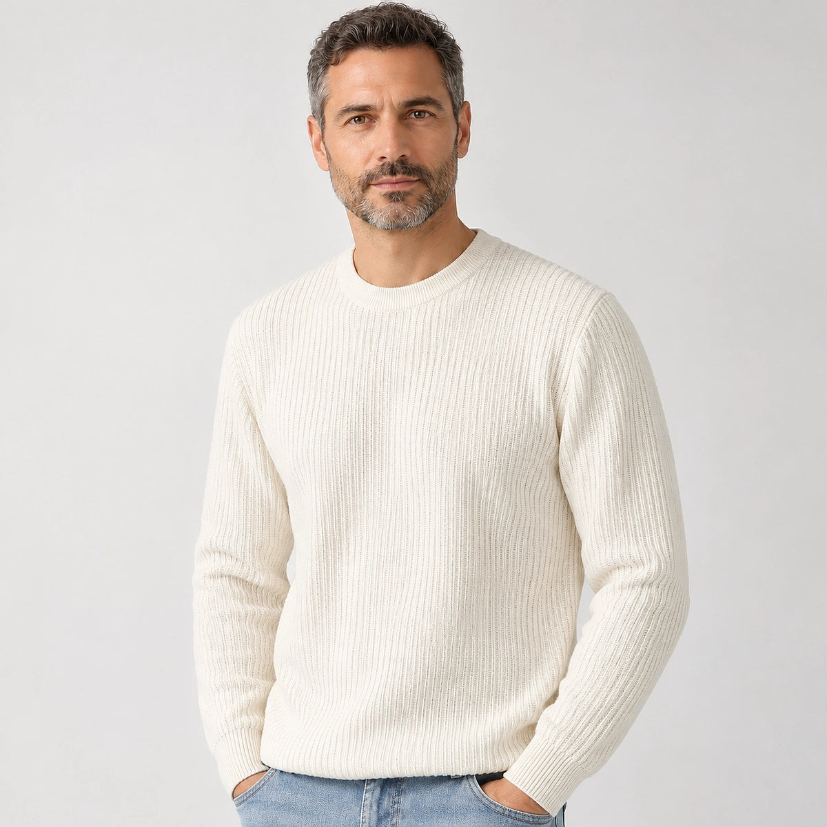 Harlen Ribbed Crewneck Sweater — White (apparel detail)