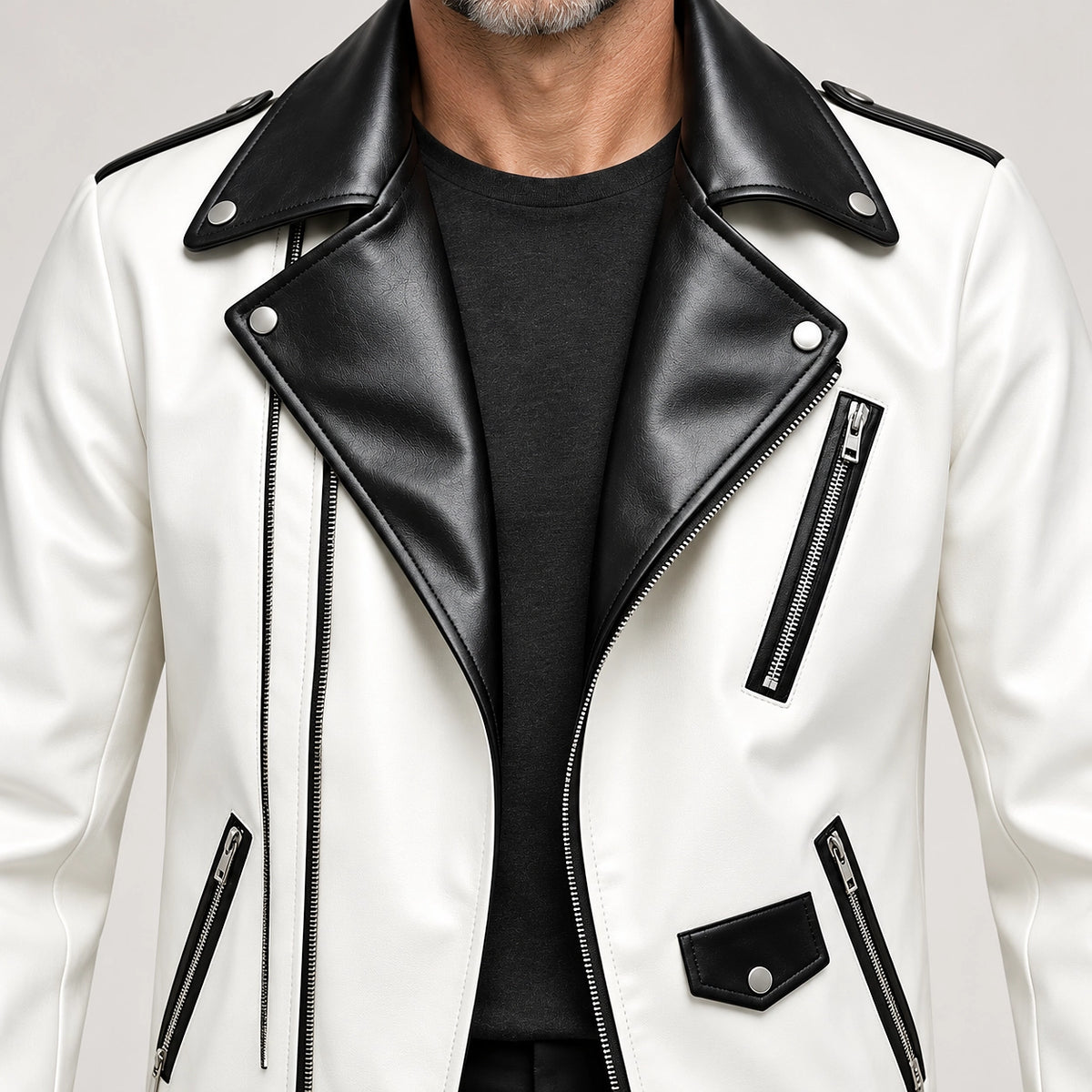 Marovienne Leather Biker Jacket — White (apparel detail)