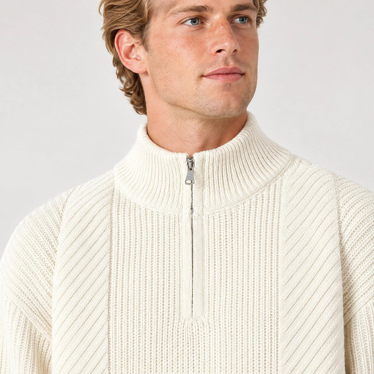 Bruthen Ribbed Half-Zip Sweater — White (apparel detail)