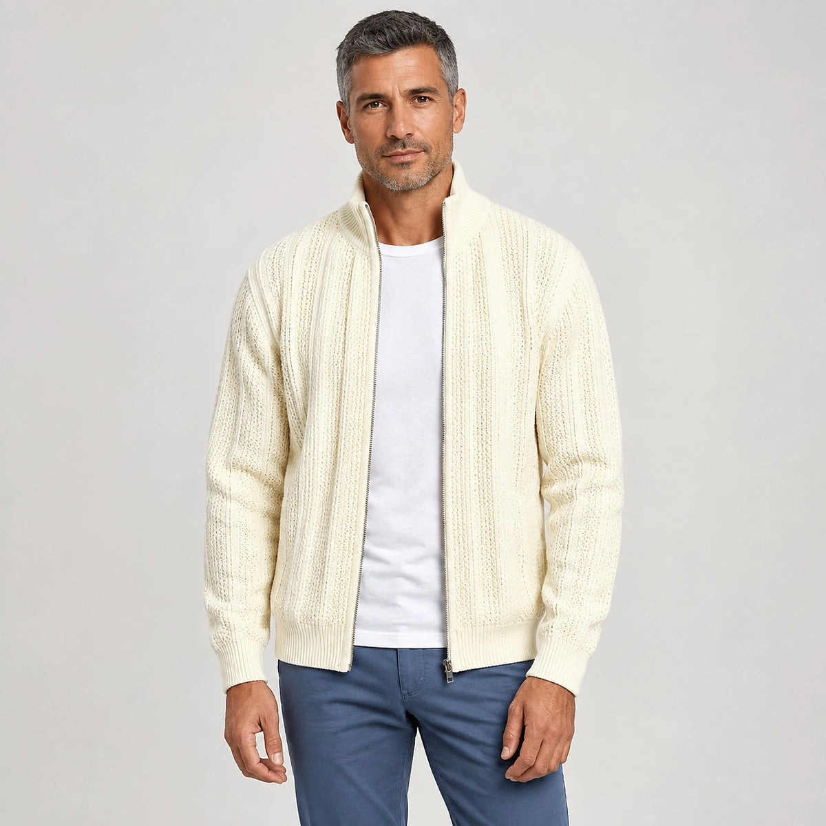Daxton Ribbed Knit Cardigan — White (apparel front)