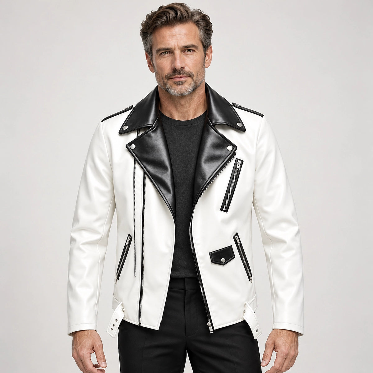 Marovienne Leather Biker Jacket — White (apparel front)