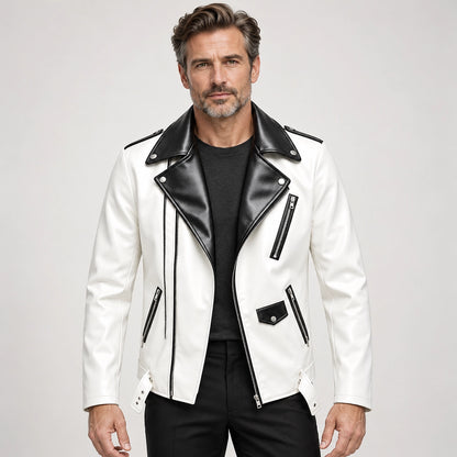 Marovienne Leather Biker Jacket — White (apparel front)