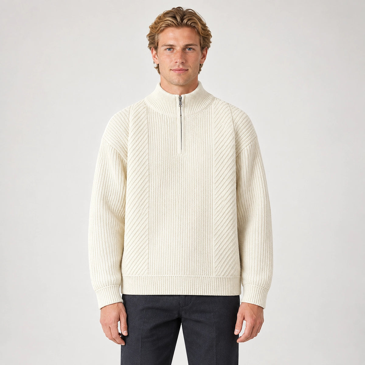 Bruthen Ribbed Half-Zip Sweater — White (apparel front)