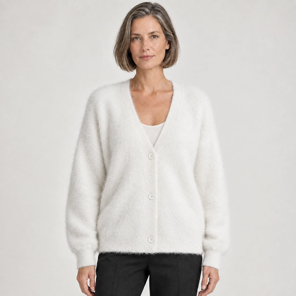 Halvern Fuzzy Knit Cardigan — White (apparel front)