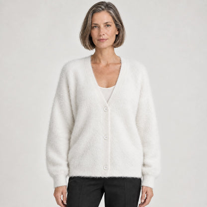 Halvern Fuzzy Knit Cardigan — White (apparel front)