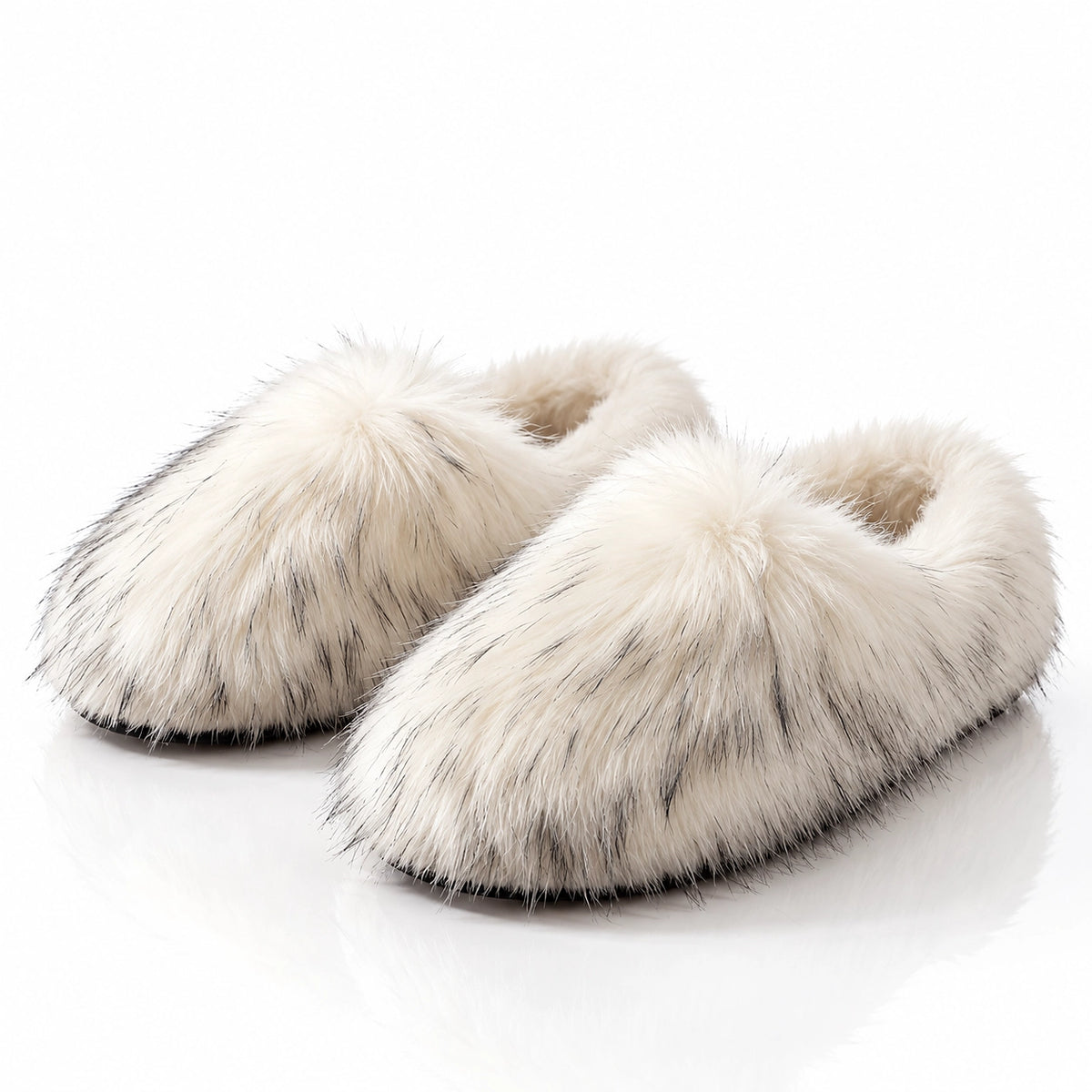 Fioravessa Plush Slippers — White Base With Black Tips (imitation Raccoon Fur) (womens shoe hero)