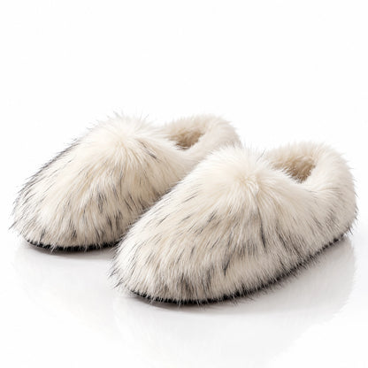 Fioravessa Plush Slippers — White Base With Black Tips (imitation Raccoon Fur) (womens shoe hero)