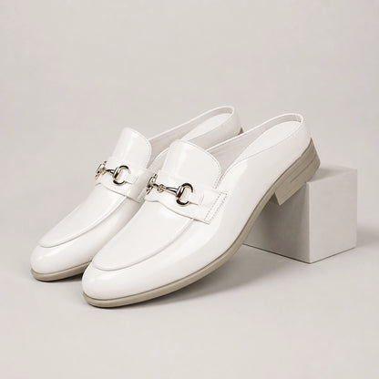 Halcourt Leather Horsebit Mule — White (mens shoe pedestal)