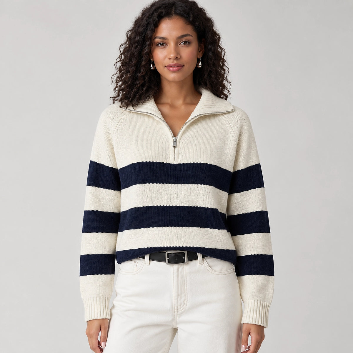 Delrow Striped Half-Zip Sweater — White Stripes (apparel front)