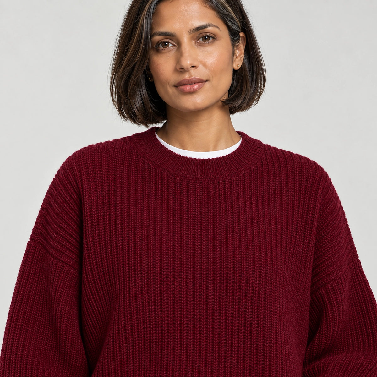 Brynn Ribbed Knit Sweater — Wine Red (apparel detail)