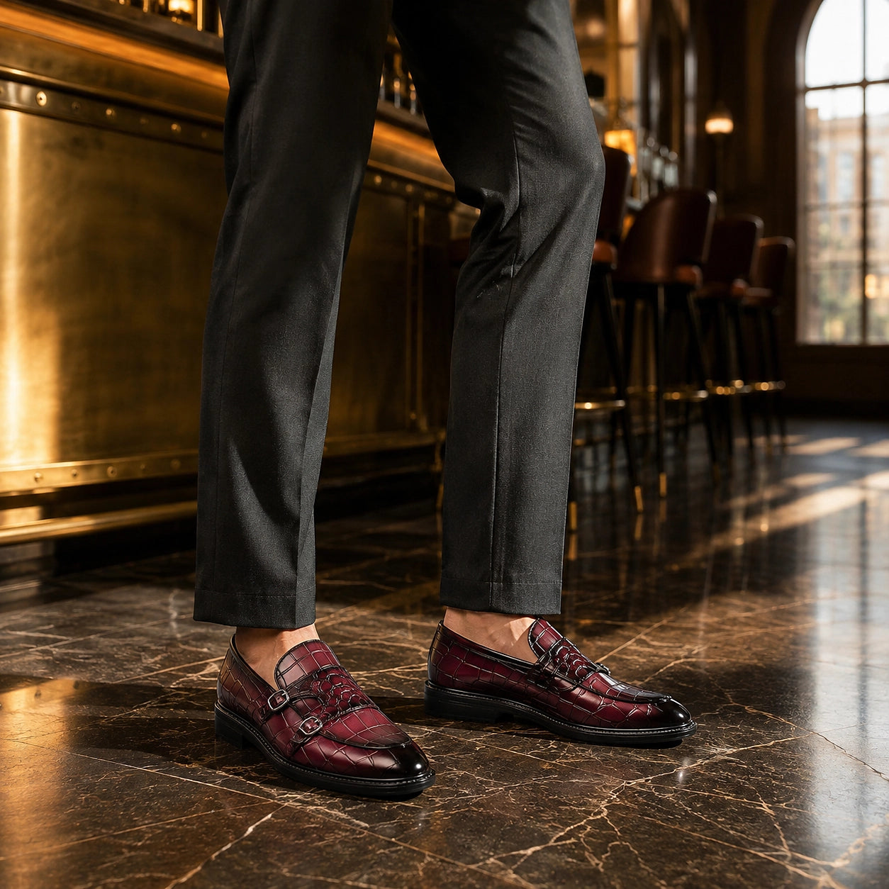 Delvano Leather Double Monk Loafers — Wine Red (footwear environment 1)