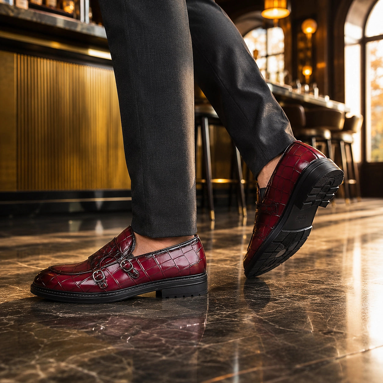 Delvano Leather Double Monk Loafers — Wine Red (footwear environment 3)