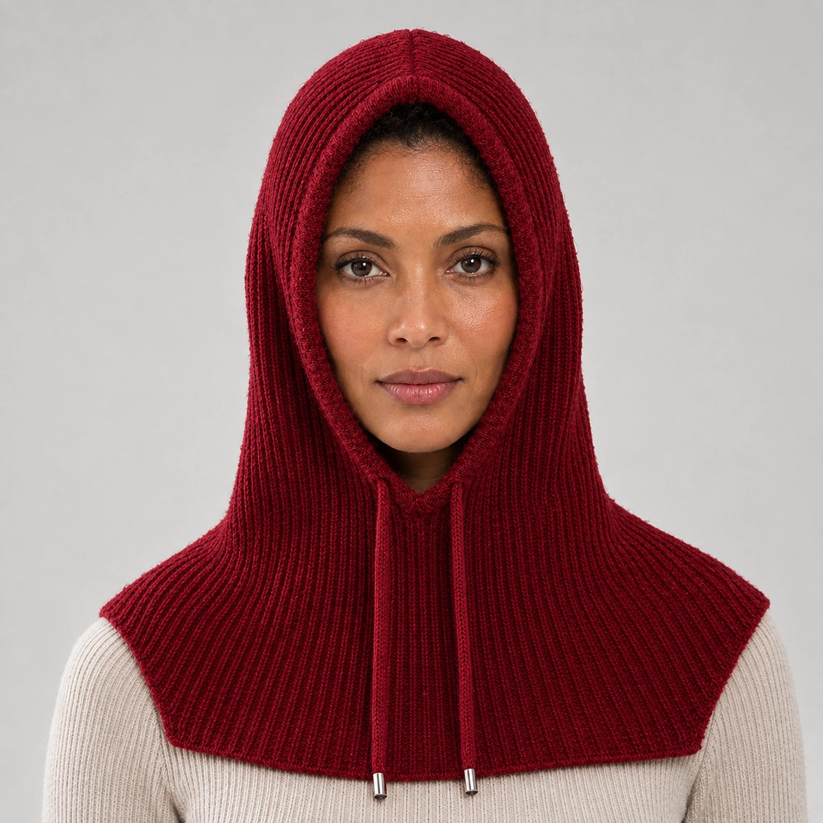 Brynn Wool Blend Balaclava Hood — Wine Red (headwear model front)