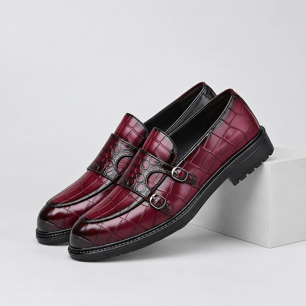 Delvano Leather Double Monk Loafers — Wine Red (mens shoe pedestal)