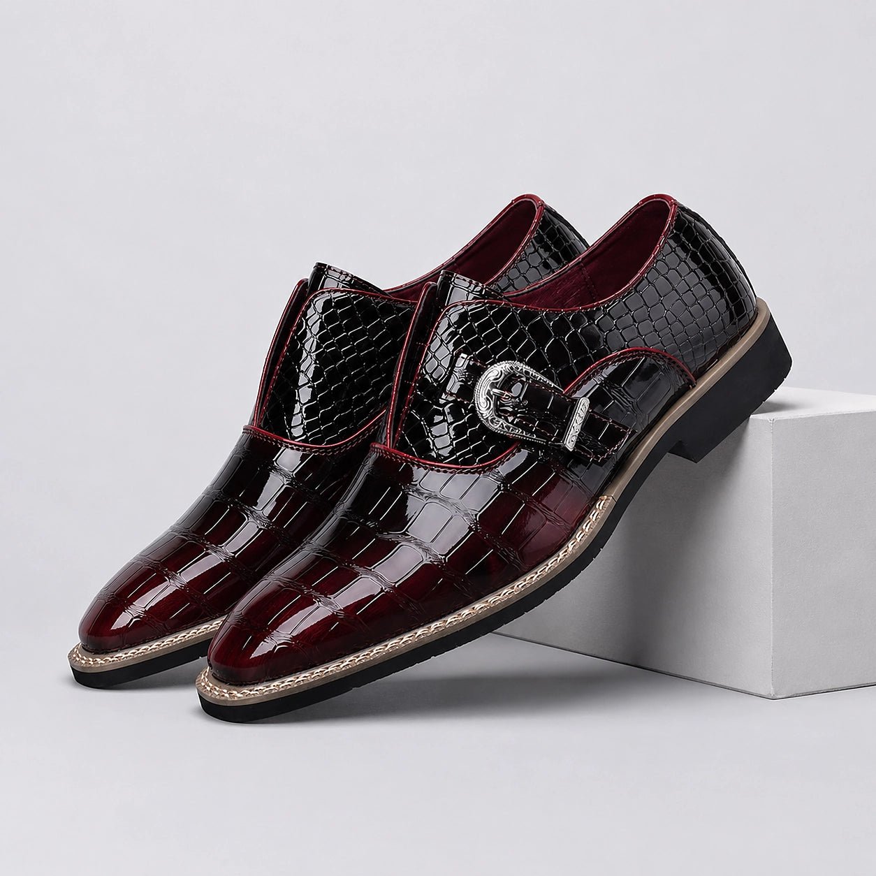 Halcourt Leather Monk Strap Loafers — Wine Red (mens shoe pedestal)