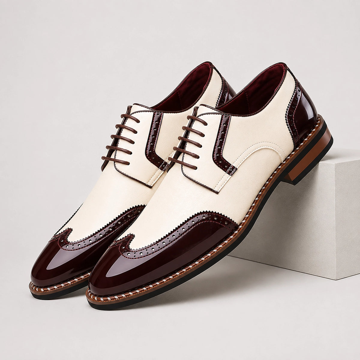 Daxton Leather Brogue Derby Oxfords — Wine Red (mens shoe pedestal)
