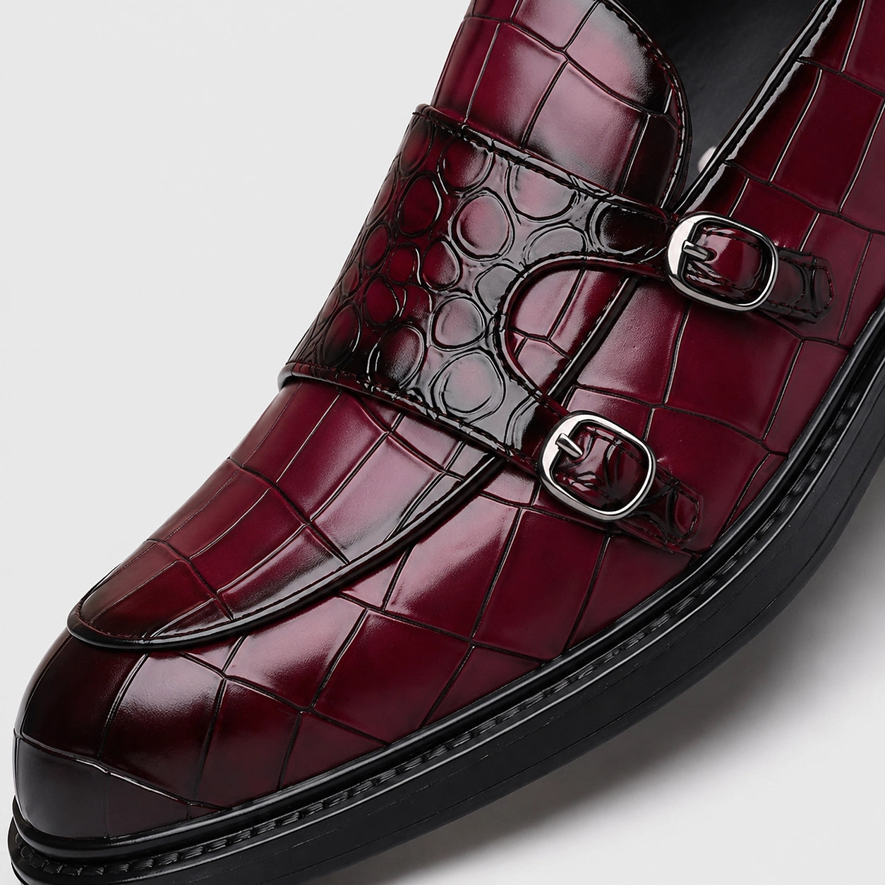 Delvano Leather Double Monk Loafers — Wine Red (mens shoe zoom)