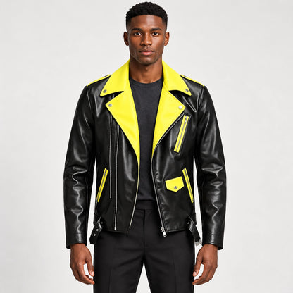 Marovienne Leather Biker Jacket — Yellow (apparel front)