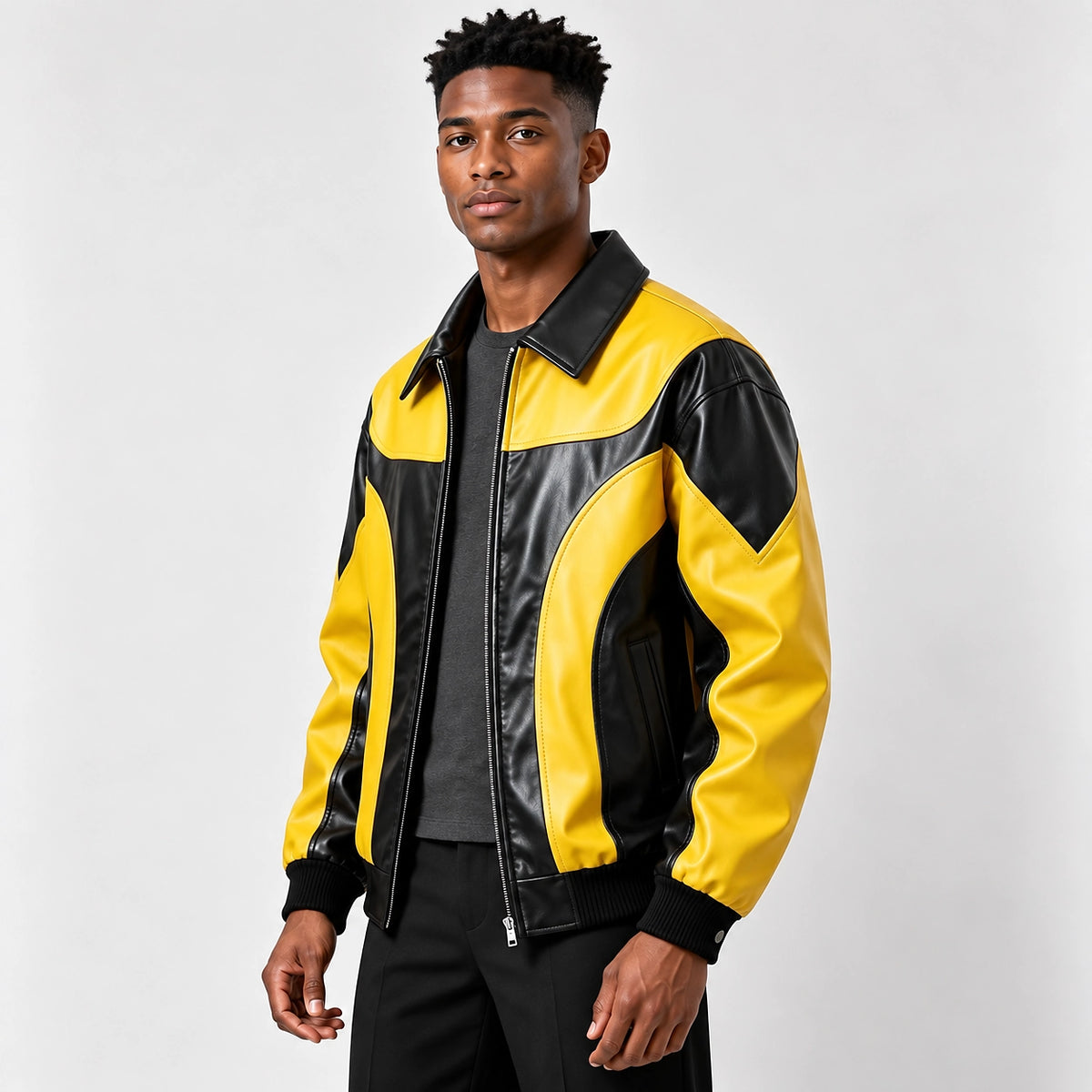 Dovek Leather Bomber Jacket — Yellow & Black (apparel angle)