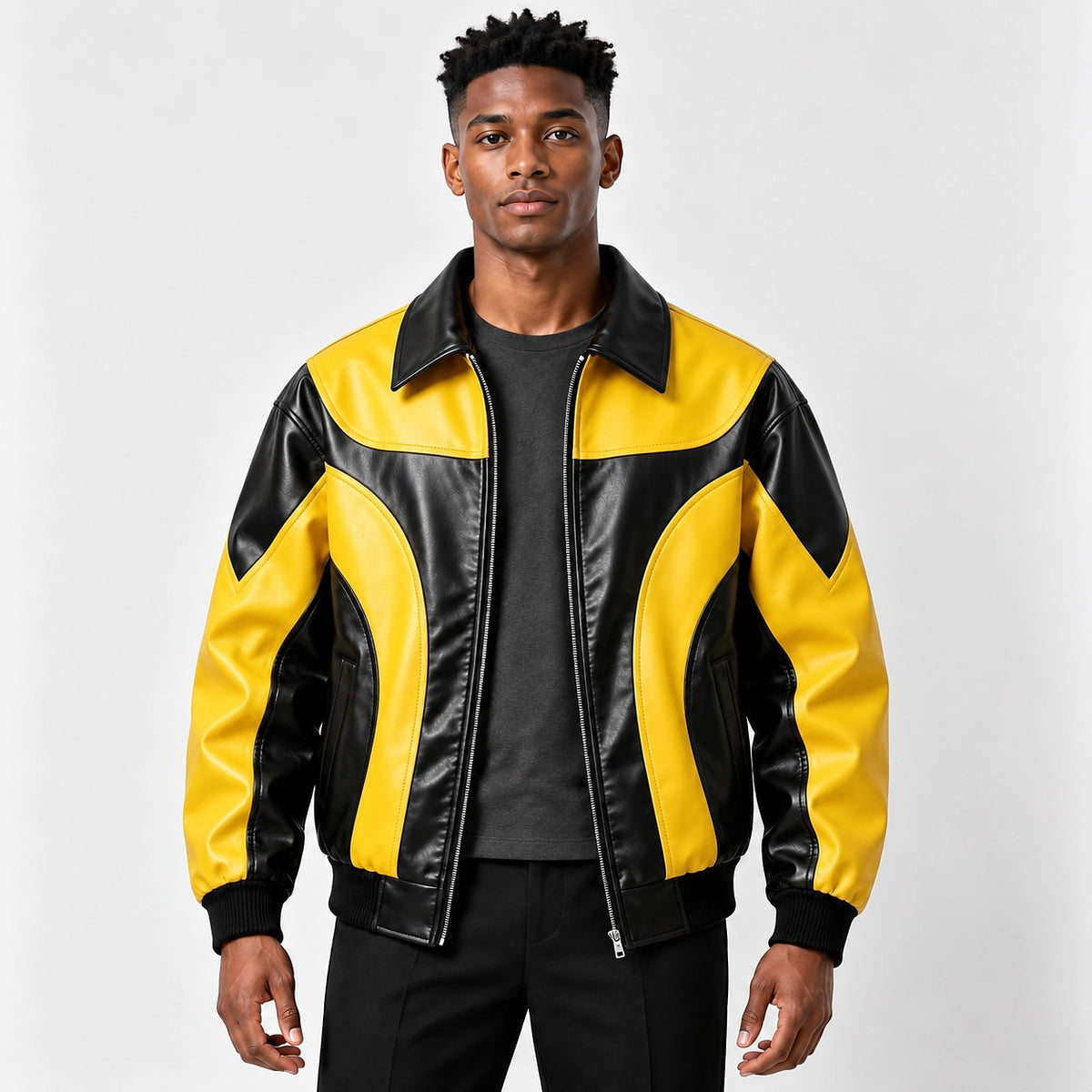 Dovek Leather Bomber Jacket — Yellow & Black (apparel front)