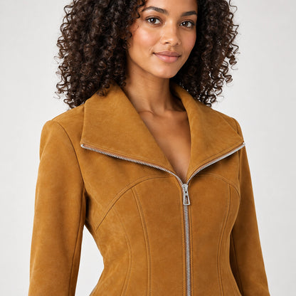 Brynn Sheepskin Leather Jacket — Yellow-brown (apparel detail)